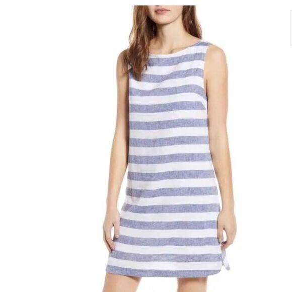 Woman’s Alina Stripe Linen & Cotton Shift Dress- Indian Sky Color-Nautical Small - Picture 1 of 5